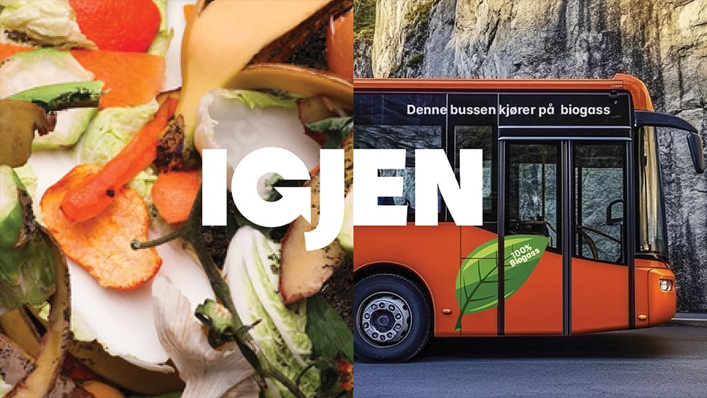 Matavfall og buss som kjører på biogass med teksten "igjen". Foto.